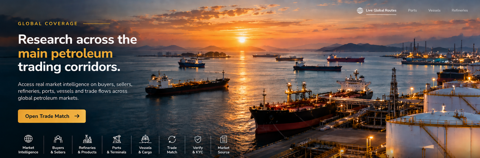 Oil tankers anchored off a petroleum loading terminal at sunset, with storage tanks in the foreground