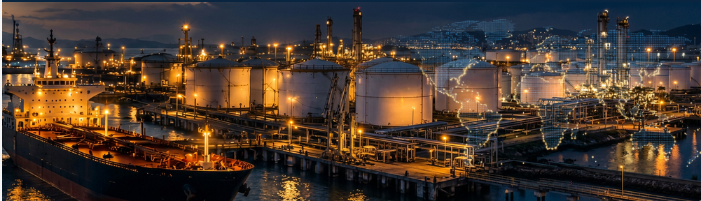 Crude oil tanker berthed at a petroleum terminal at night