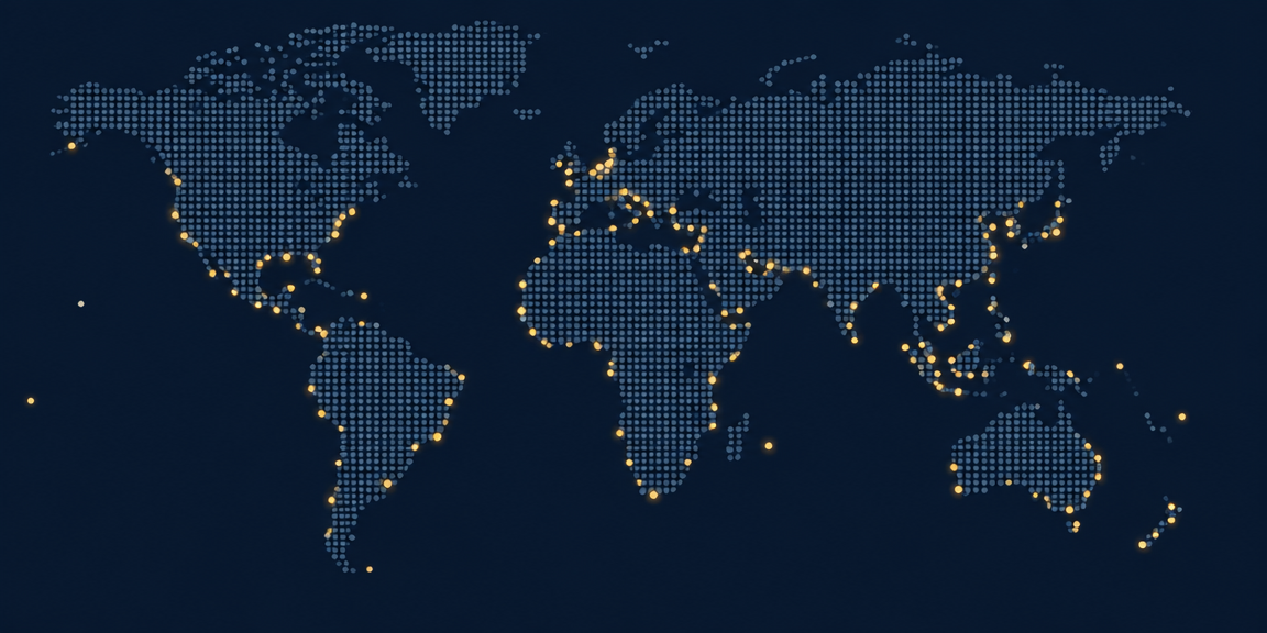 World map with covered ports and trading hubs